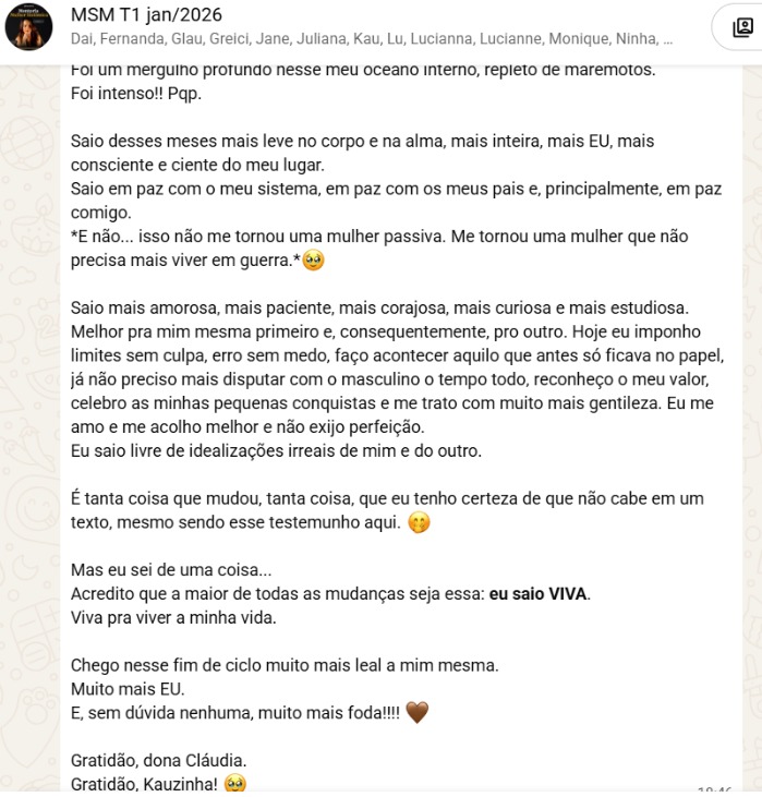 Relato de mentorada sobre sair mais leve, inteira e em paz com o próprio sistema