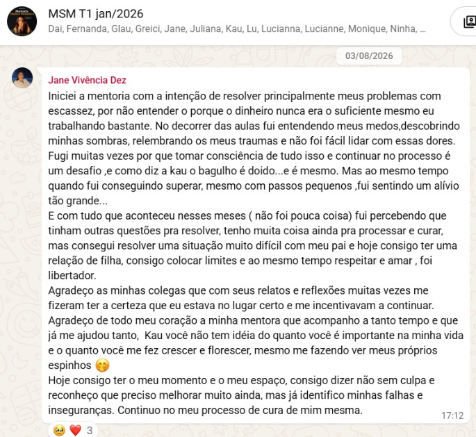 Relato de mentorada sobre superar a escassez e curar a relação com o pai