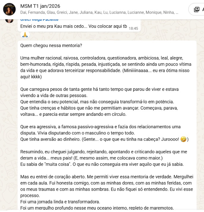 Relato de mentorada sobre a transformação vivida durante a mentoria