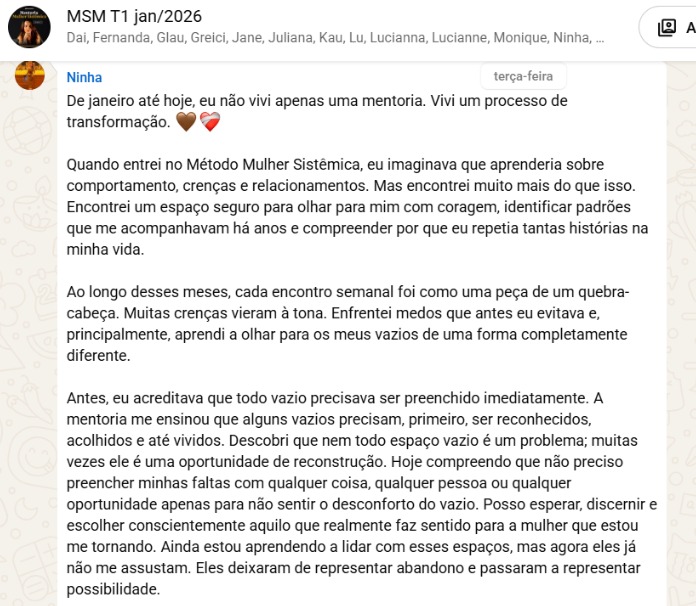 Relato de mentorada sobre reconhecer padrões e ressignificar os próprios vazios
