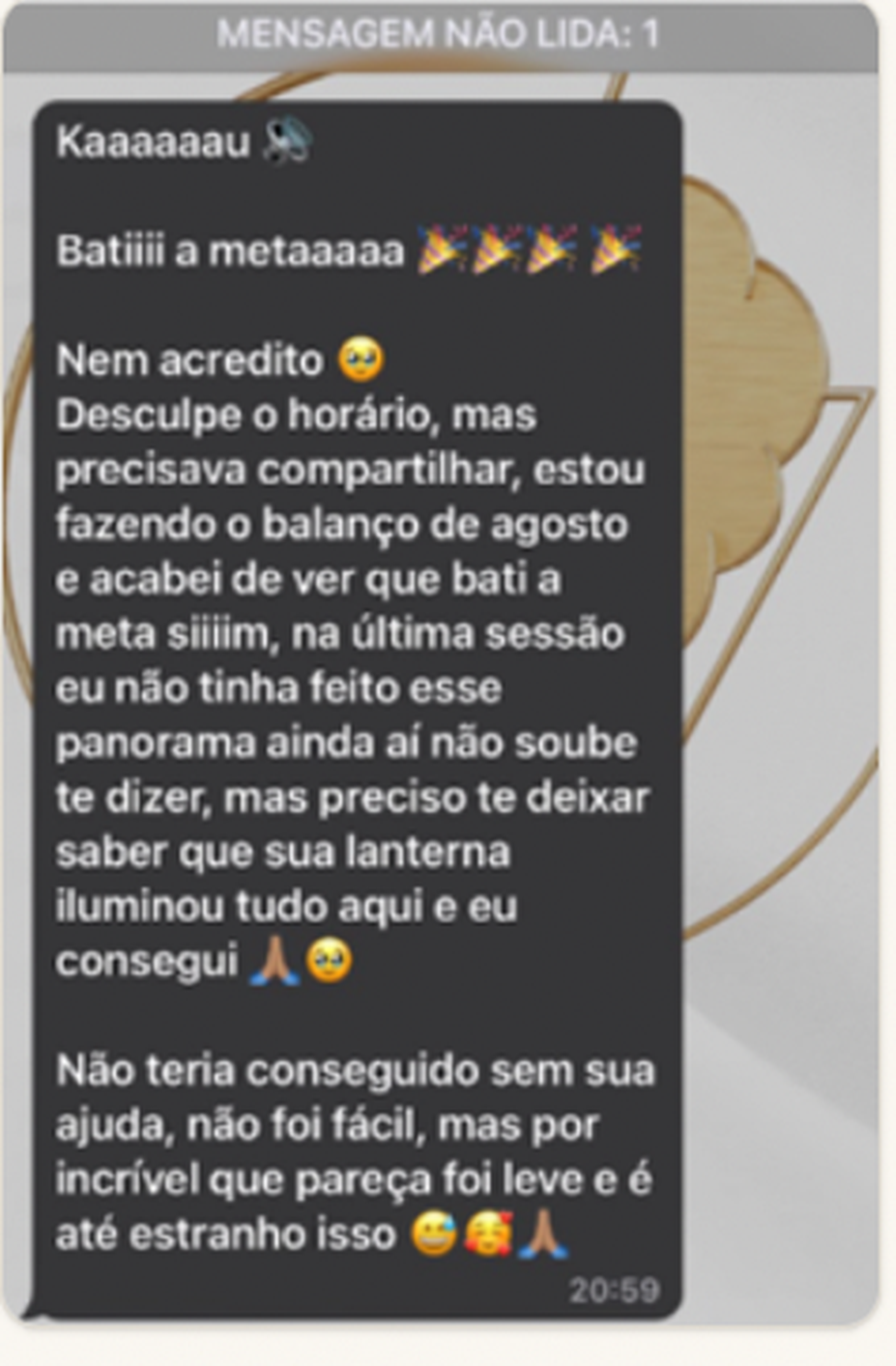 Print de conversa de WhatsApp com relato de uma mentorada que bateu sua meta