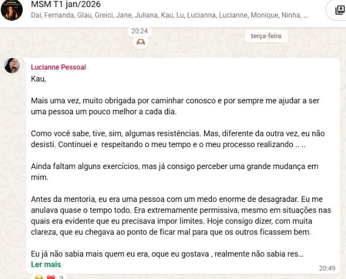 Relato de mentorada sobre vencer o medo de desagradar