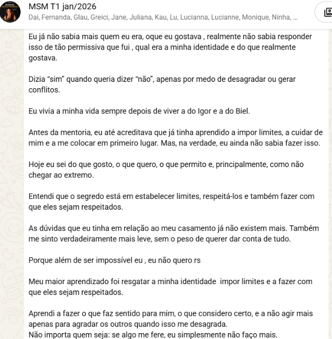 Relato de mentorada sobre deixar de se anular e saber dizer não